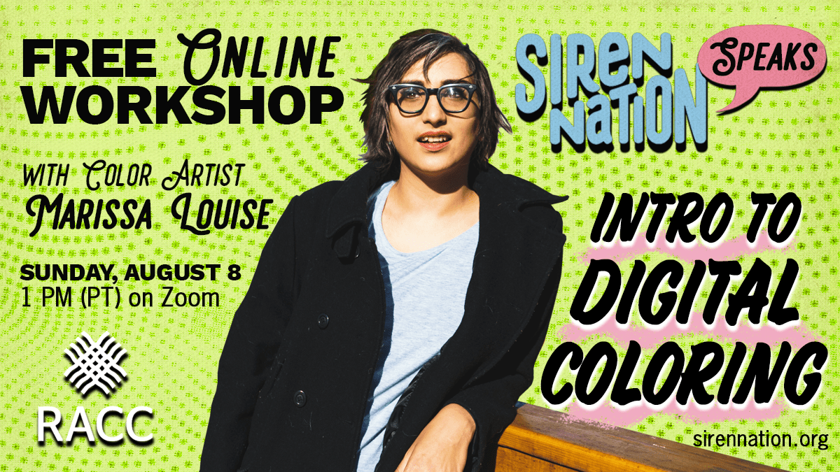 Promotional image for a digital coloring workshop, with text and photo of a woman